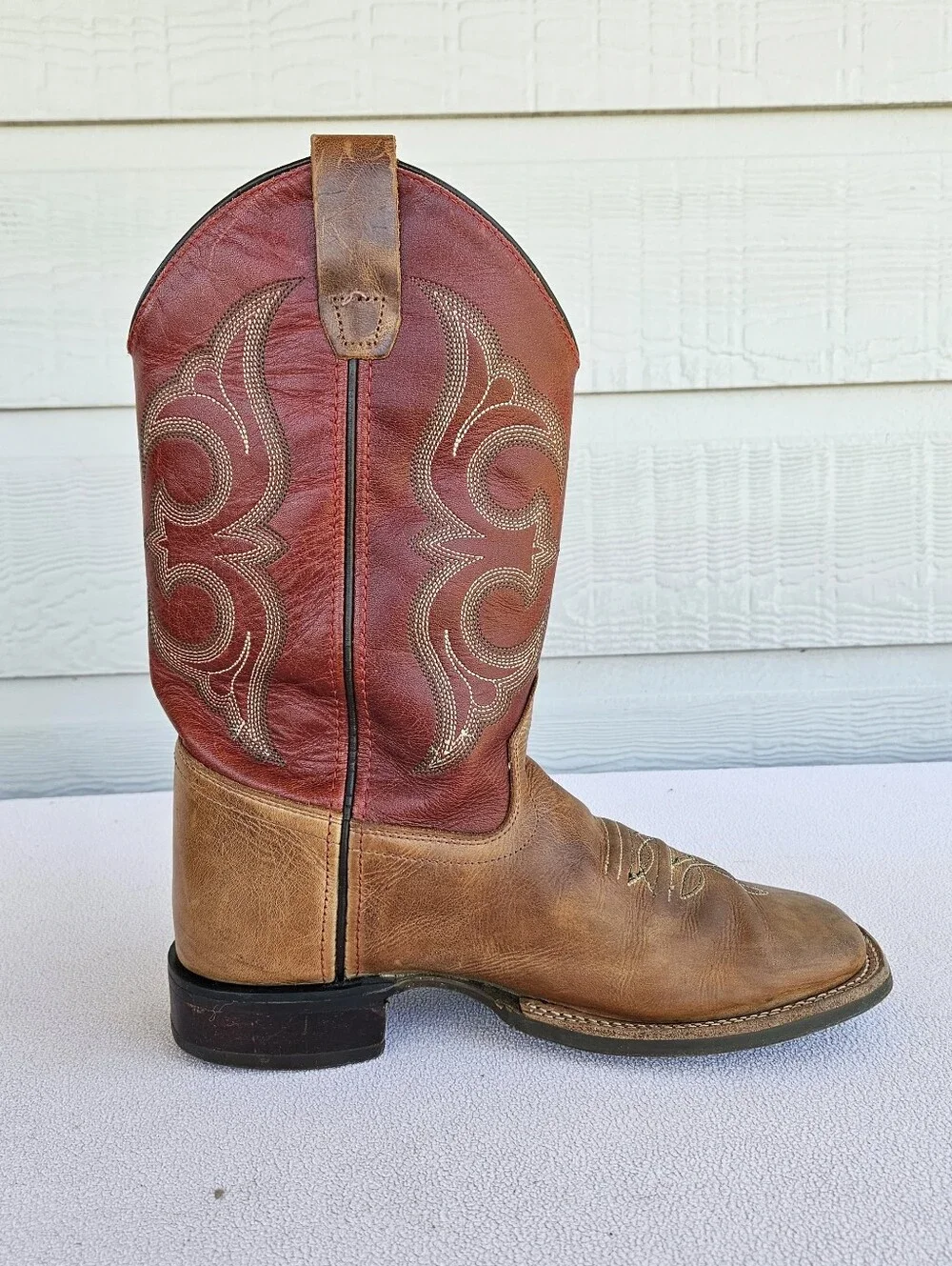 Old West Broad Square Toe Leather Western Cowboy Boots Youth SZ 5.5 Brown Red